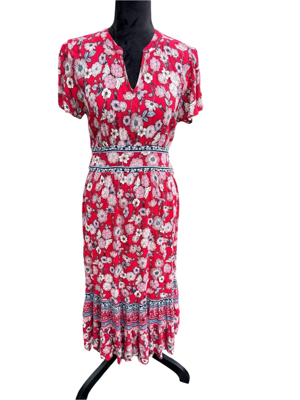 Knox Rose Floral Red Midi Dress V Neck Elastic Waist Cap Sleeve Boho   Romantic - Picture 4 of 10